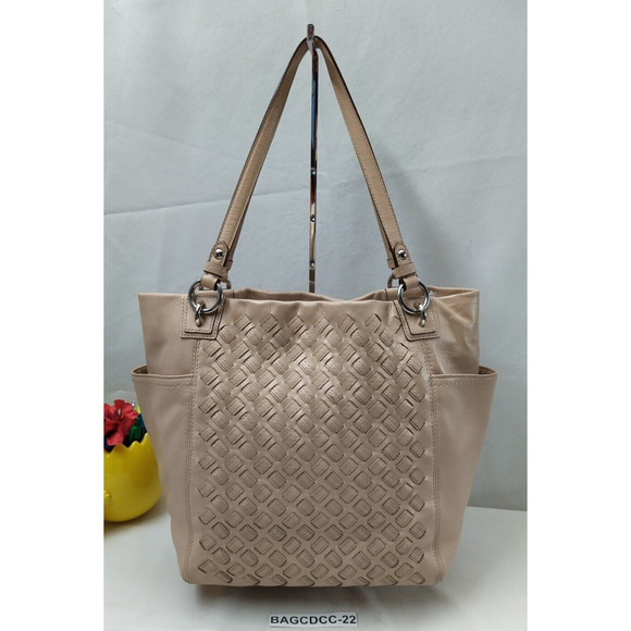 Coach North South Taupe Woven Leather Outside Pockets Shoulder Bag - Picture 2 of 16